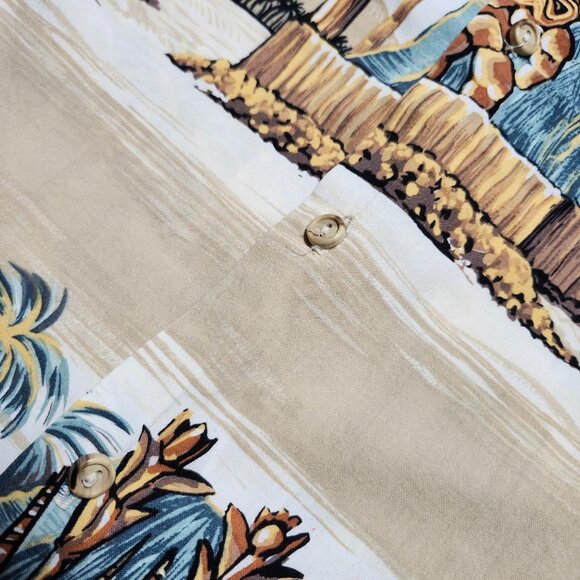 Kalaheo RJC Hawaiian Aloha Shirt Tiki Gods Button Up Large Tan Beige - Picture 6 of 6